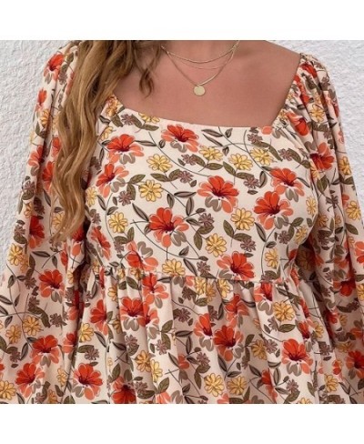 Plus Size Floral Print Square Neck Summer Spring Elegant Peplum Blouse Women Lantern Sleeve Casual Blouse Female Large Size 6...