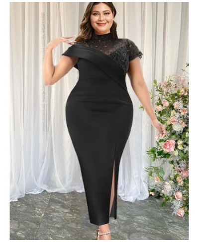 Plus Size Elegant Evening Party Dresses Women Black Lace Patchwork Short Sleeve Stand Neck Slit Summer Stylish Celebrity Gown...