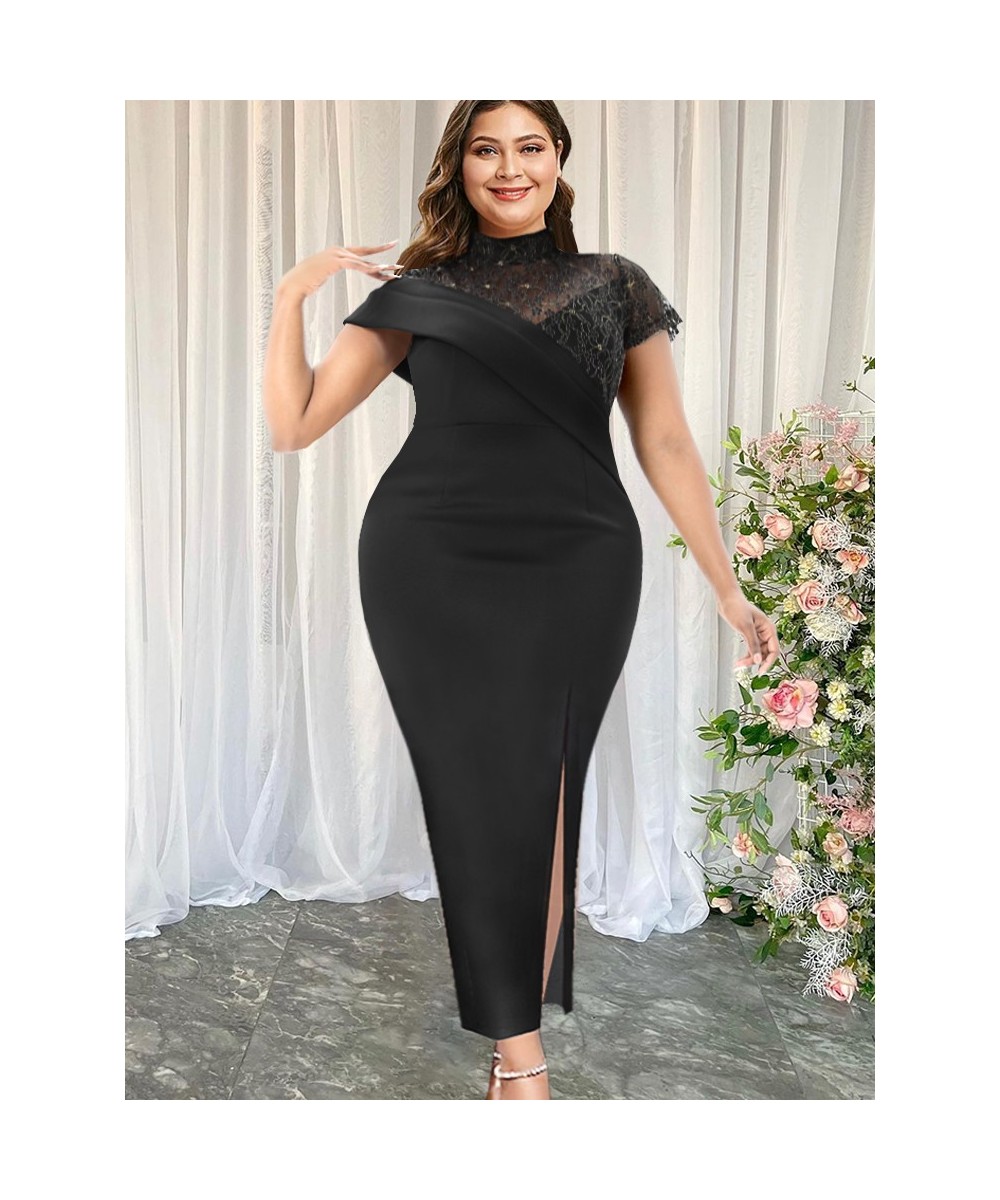 Plus Size Elegant Evening Party Dresses Women Black Lace Patchwork Short Sleeve Stand Neck Slit Summer Stylish Celebrity Gown...