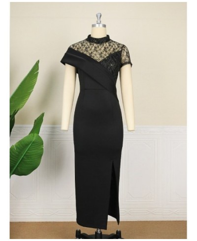 Plus Size Elegant Evening Party Dresses Women Black Lace Patchwork Short Sleeve Stand Neck Slit Summer Stylish Celebrity Gown...