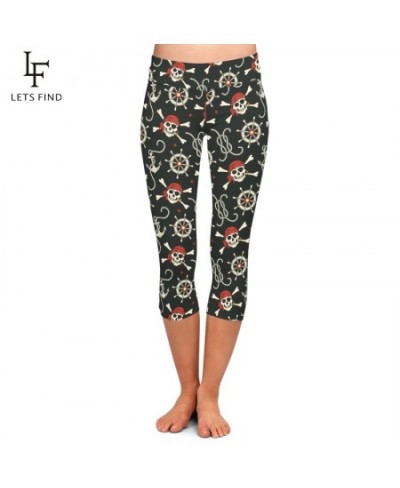 3D Pirates and Anchors Print Women Leggins High Waist Fitness Stretch Capri Leggings Mid-Calf 3/4 Pants $22.45 - Bottoms