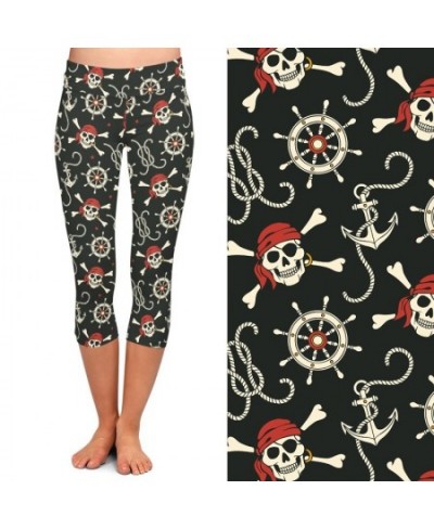 3D Pirates and Anchors Print Women Leggins High Waist Fitness Stretch Capri Leggings Mid-Calf 3/4 Pants $22.45 - Bottoms