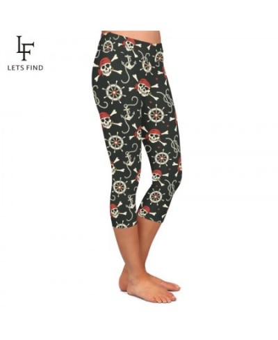 3D Pirates and Anchors Print Women Leggins High Waist Fitness Stretch Capri Leggings Mid-Calf 3/4 Pants $22.45 - Bottoms