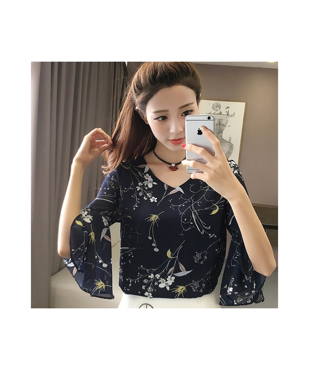 2023 Women Floral Shirt Small V-neck Female Blouses Korean Sweet Floral Ruffled Butterfly Sleeve Chiffon Tops $25.51 - Blouse...