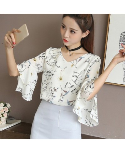 2023 Women Floral Shirt Small V-neck Female Blouses Korean Sweet Floral Ruffled Butterfly Sleeve Chiffon Tops $25.51 - Blouse...