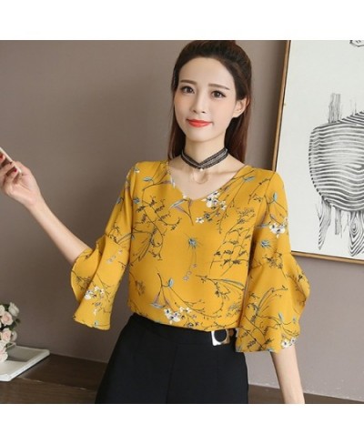 2023 Women Floral Shirt Small V-neck Female Blouses Korean Sweet Floral Ruffled Butterfly Sleeve Chiffon Tops $25.51 - Blouse...