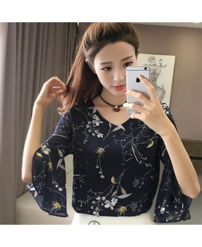 2023 Women Floral Shirt Small V-neck Female Blouses Korean Sweet Floral Ruffled Butterfly Sleeve Chiffon Tops $25.51 - Blouse...