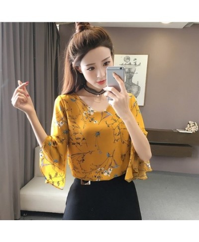 2023 Women Floral Shirt Small V-neck Female Blouses Korean Sweet Floral Ruffled Butterfly Sleeve Chiffon Tops $25.51 - Blouse...