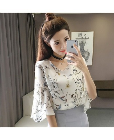 2023 Women Floral Shirt Small V-neck Female Blouses Korean Sweet Floral Ruffled Butterfly Sleeve Chiffon Tops $25.51 - Blouse...