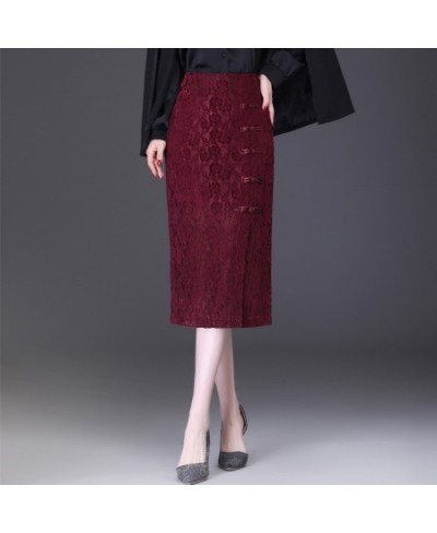 Retro Button Wrap Hip One-step Skirt 2023 Spring High Waist Slim Temperament Lace Patchwork Skirt Elegant OL Midi Skirt $52.6...