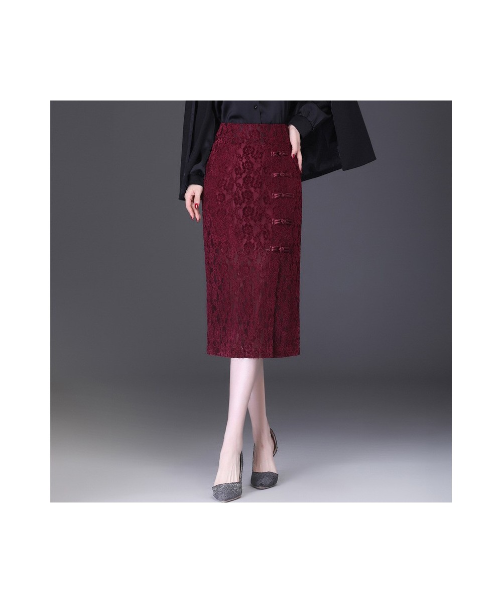 Retro Button Wrap Hip One-step Skirt 2023 Spring High Waist Slim Temperament Lace Patchwork Skirt Elegant OL Midi Skirt $52.6...