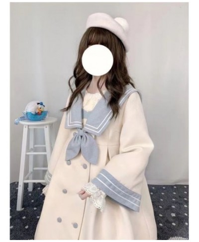 Girls' Preppy Stitched Woolen Coat Autumn Winter Japan Style Women's Navy Collar Mid-length Cute All-match Lolita Wrap Coat $...