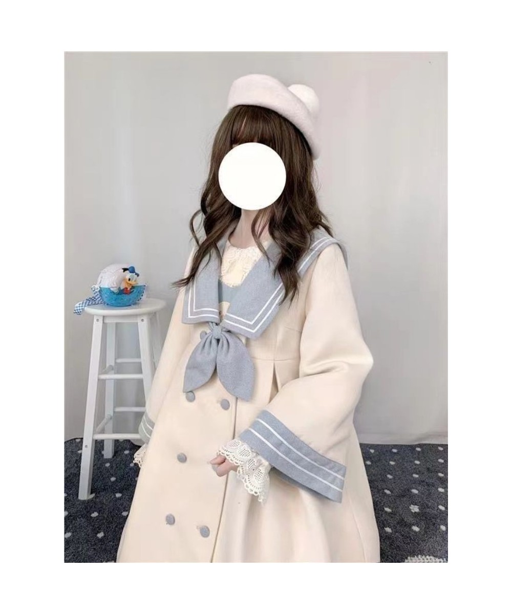 Girls' Preppy Stitched Woolen Coat Autumn Winter Japan Style Women's Navy Collar Mid-length Cute All-match Lolita Wrap Coat $...