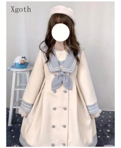 Girls' Preppy Stitched Woolen Coat Autumn Winter Japan Style Women's Navy Collar Mid-length Cute All-match Lolita Wrap Coat $...