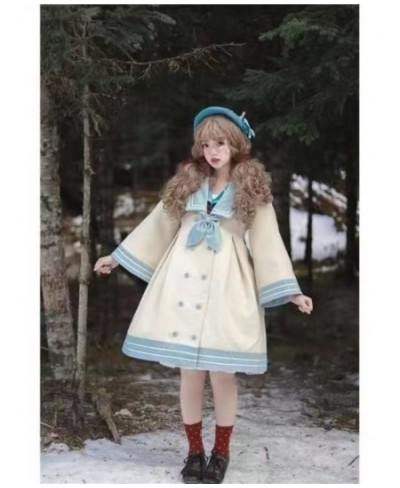 Girls' Preppy Stitched Woolen Coat Autumn Winter Japan Style Women's Navy Collar Mid-length Cute All-match Lolita Wrap Coat $...