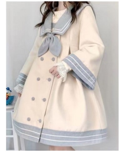 Girls' Preppy Stitched Woolen Coat Autumn Winter Japan Style Women's Navy Collar Mid-length Cute All-match Lolita Wrap Coat $...