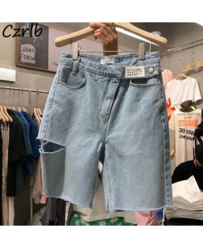 Shorts Women Hole Denim Summer High Waist Pockets Button Design Casual Simple Solid All-match Streetwear Clothing шорты женск...