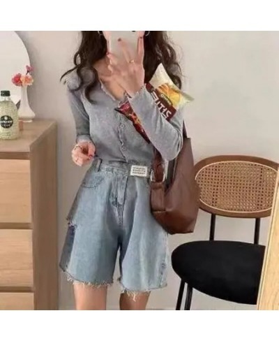 Shorts Women Hole Denim Summer High Waist Pockets Button Design Casual Simple Solid All-match Streetwear Clothing шорты женск...