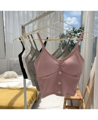 Women Camisole Fashion Wild Solid Color Sling Tank Top Summer New Button V-neck Cotton Vest With Removable Chest Pad $21.81 -...