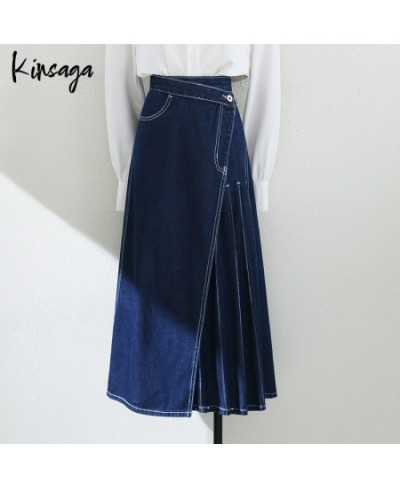 Korean Fashion Irregular Button Midi Denim Pleated Skirts Women Elegant High Waist Vintage Wrap A-line Jeans Skirt Falda Muje...