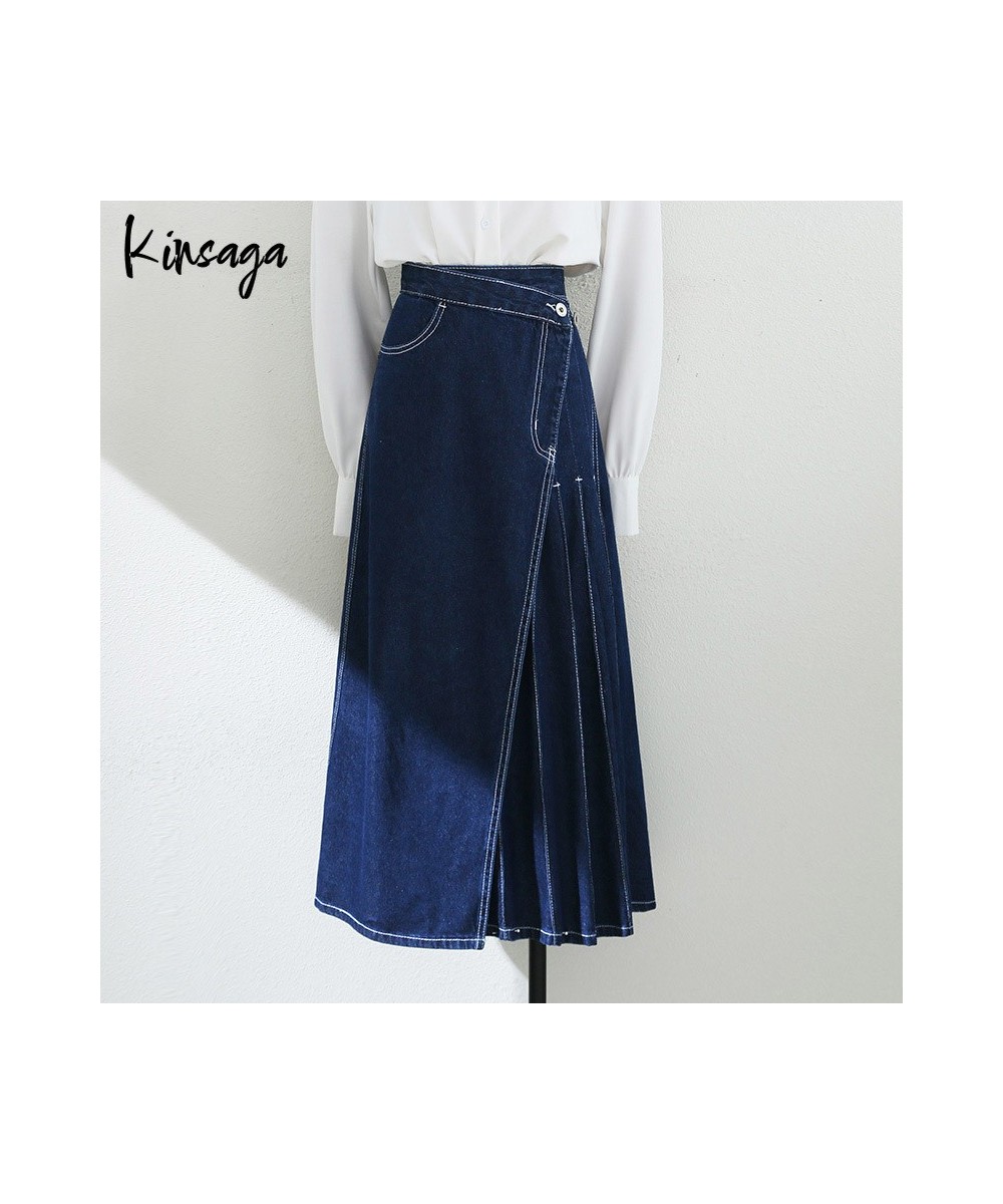 Korean Fashion Irregular Button Midi Denim Pleated Skirts Women Elegant High Waist Vintage Wrap A-line Jeans Skirt Falda Muje...