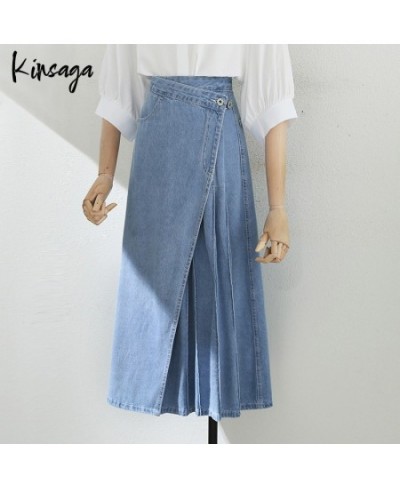 Korean Fashion Irregular Button Midi Denim Pleated Skirts Women Elegant High Waist Vintage Wrap A-line Jeans Skirt Falda Muje...