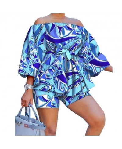 Sexy printing two piece set Women off the shoulder lacing belt top and shorts Nightclub Party Costume yellow blue Sets $48.42...