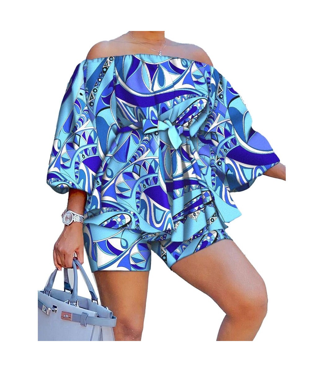 Sexy printing two piece set Women off the shoulder lacing belt top and shorts Nightclub Party Costume yellow blue Sets $48.42...