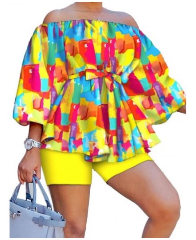 Sexy printing two piece set Women off the shoulder lacing belt top and shorts Nightclub Party Costume yellow blue Sets $48.42...