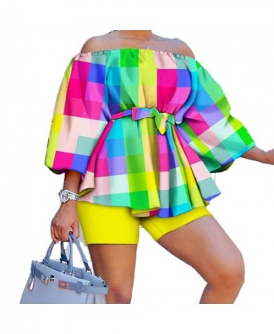 Sexy printing two piece set Women off the shoulder lacing belt top and shorts Nightclub Party Costume yellow blue Sets $48.42...