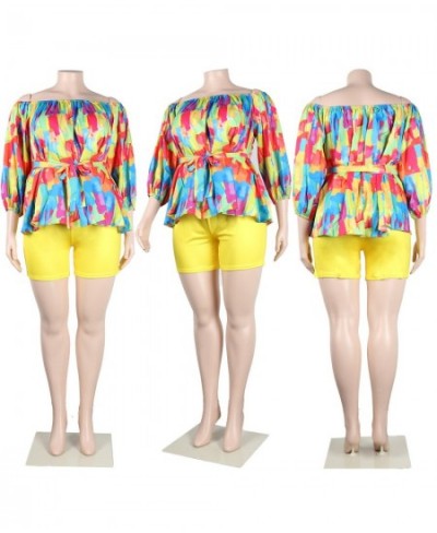 Sexy printing two piece set Women off the shoulder lacing belt top and shorts Nightclub Party Costume yellow blue Sets $48.42...