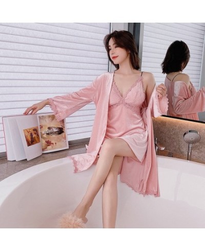 Pink Velour Autumn Winter Robe Gown Sets Ladies Sweet Lace Sleepwear Sexy V-Neck Strap Nightgown Seduction Hollow Out Pyjamas...