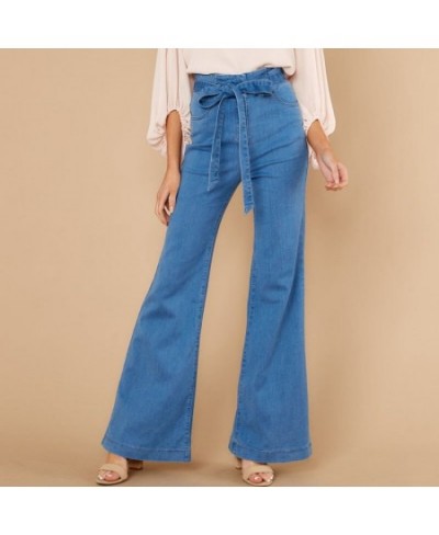 Sexy street straight denim jeans tailor-made bow tie belt denim trousers women's high-waist wide-leg jeans plus size loose $5...