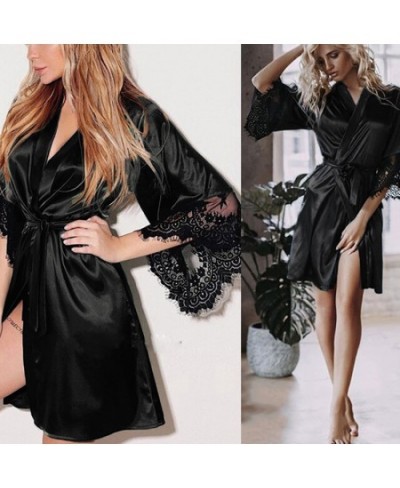 Sexy Nightgown Lingerie Lace Patchwork Nightdress Women Silk Kimono Lingerie Belt Bath Robe Nightwear Sleepwear Chemises $18....