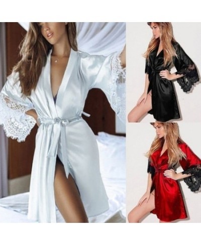 Sexy Nightgown Lingerie Lace Patchwork Nightdress Women Silk Kimono Lingerie Belt Bath Robe Nightwear Sleepwear Chemises $18....