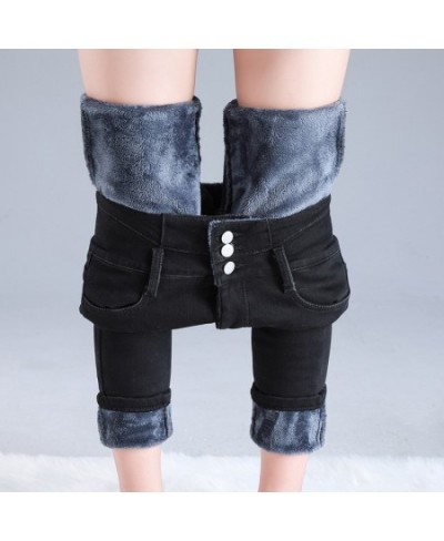 Women Thermal Jeans Winter Snow Warm Plush Stretch High Waist Jeans Lady Skinny Thicken Denim Retro Blue Pants Mom Sexy $48.9...