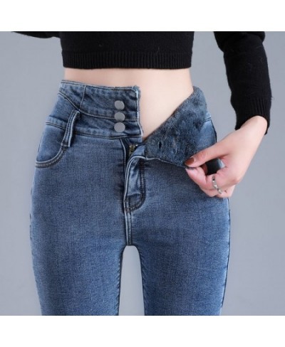 Women Thermal Jeans Winter Snow Warm Plush Stretch High Waist Jeans Lady Skinny Thicken Denim Retro Blue Pants Mom Sexy $48.9...