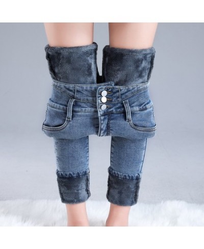 Women Thermal Jeans Winter Snow Warm Plush Stretch High Waist Jeans Lady Skinny Thicken Denim Retro Blue Pants Mom Sexy $48.9...