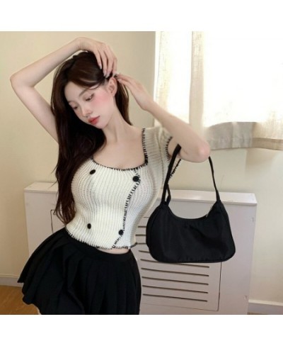 Knit Strappy Back Korean Top Strappy Top Cropped Double-breasted Slim Fit $29.40 - Women Tops