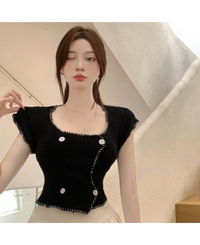 Knit Strappy Back Korean Top Strappy Top Cropped Double-breasted Slim Fit $29.40 - Women Tops