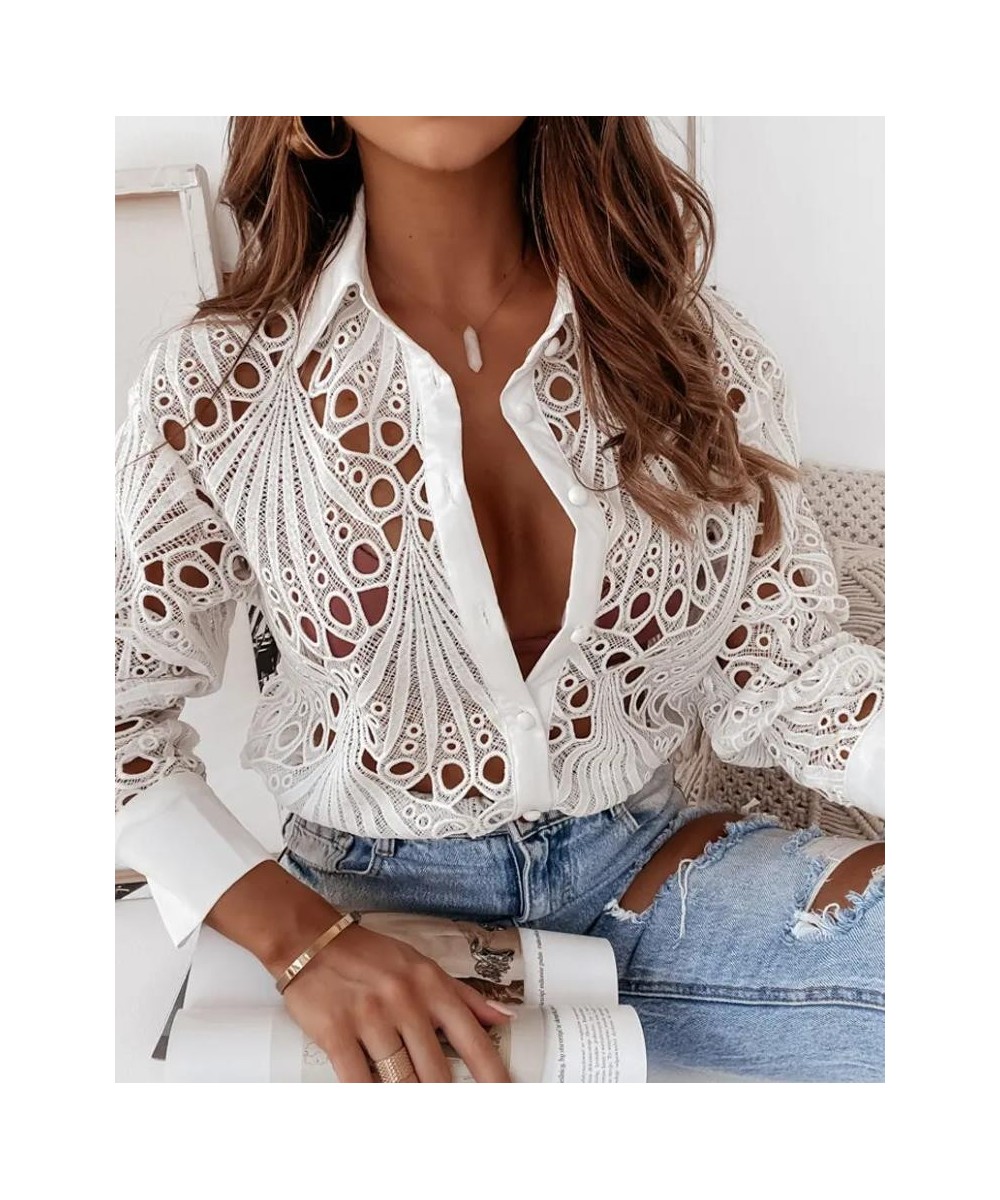 Shirt For Women 2022 Sexy Fashion Eyelet Embroidery Long Sleeve Turn-down Collar Button Down Cotton Shirt $40.88 - Tops & Tees