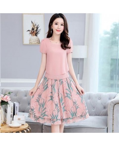 New Summer Women Office Two Piece Sets Casual Short Sleeve T Shirt and Floral Chiffon Midi Skirt Female Skirts Suit 4XL E66 $...