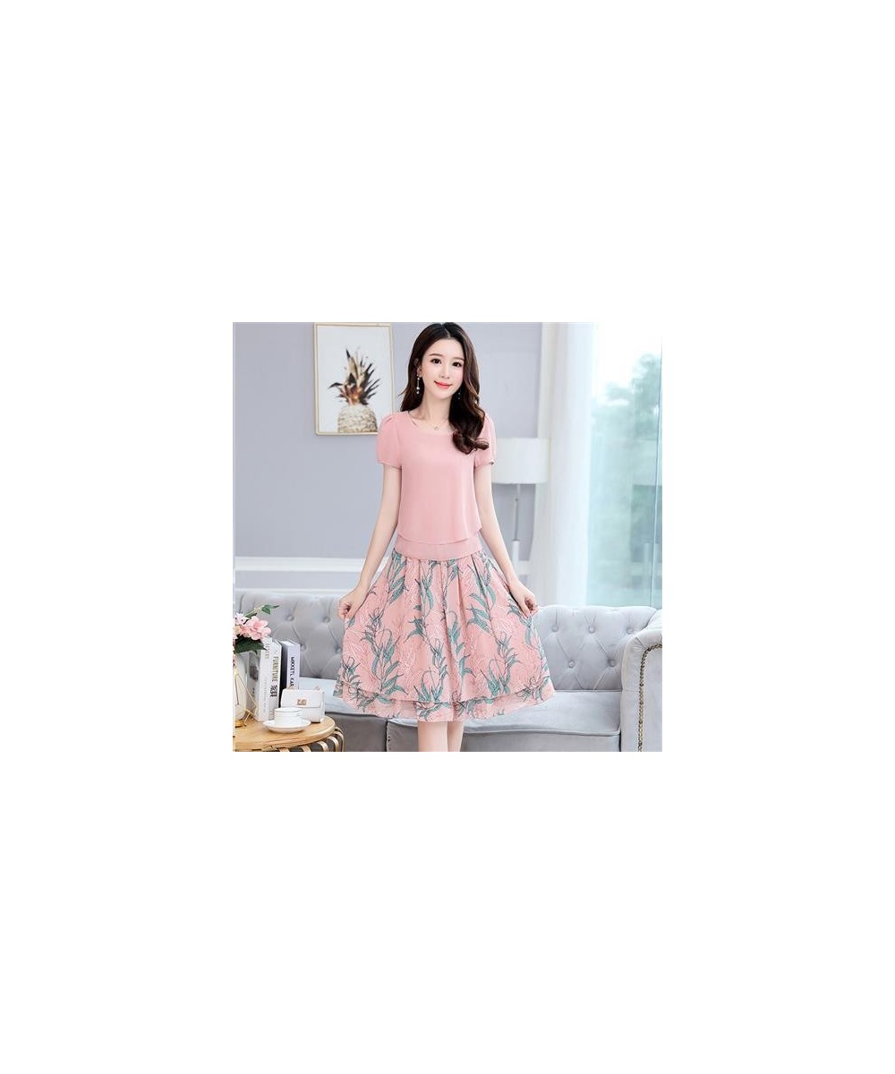 New Summer Women Office Two Piece Sets Casual Short Sleeve T Shirt and Floral Chiffon Midi Skirt Female Skirts Suit 4XL E66 $...