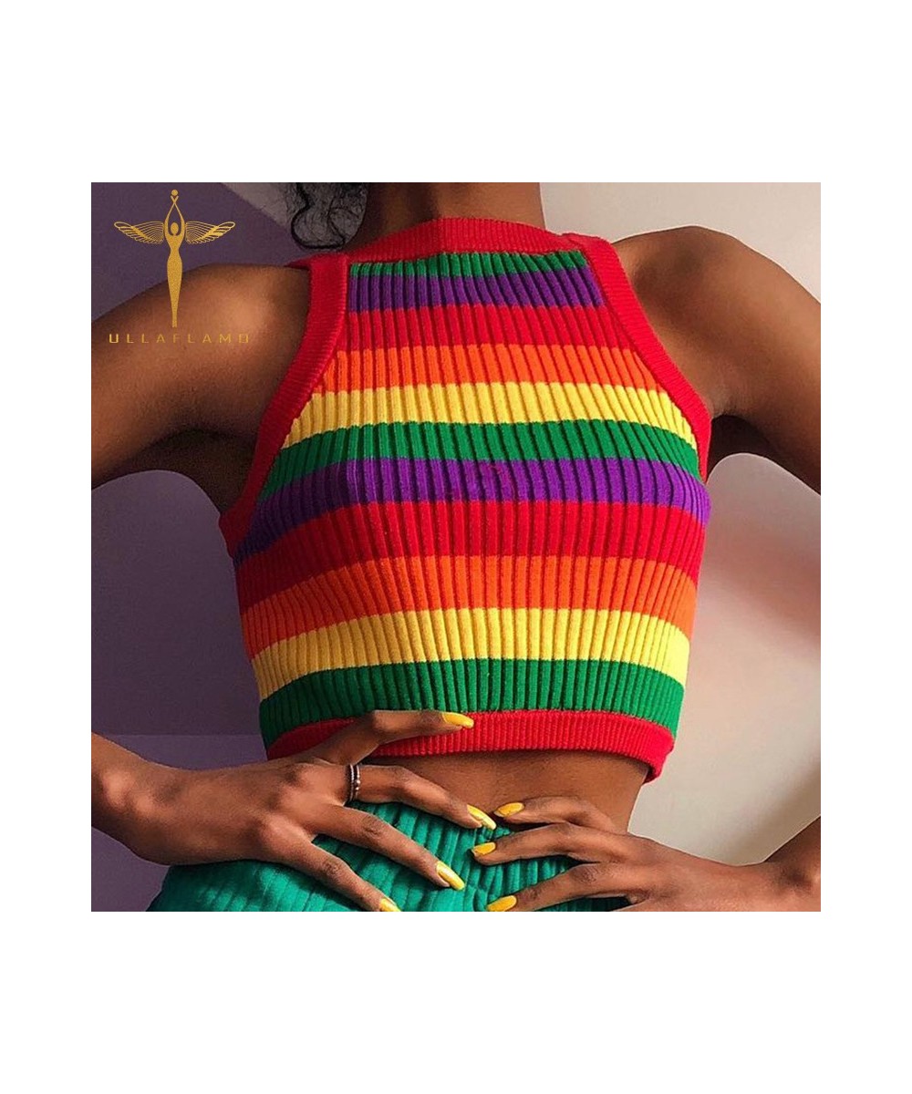 Summer Female Tanks Streetwear Knitted Crop Tops Vest Sleeveless O Neck Rainbow Printed Red Short Sexy Woman Clothing Hottie ...