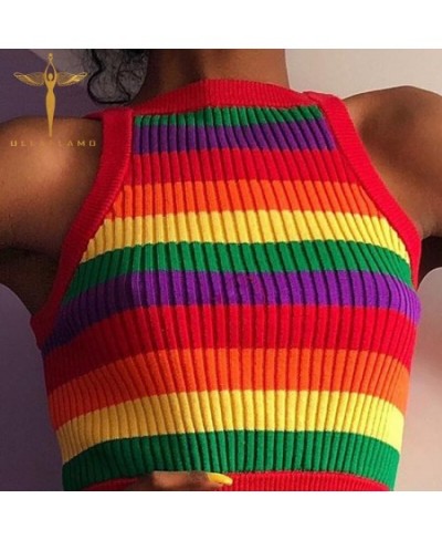 Summer Female Tanks Streetwear Knitted Crop Tops Vest Sleeveless O Neck Rainbow Printed Red Short Sexy Woman Clothing Hottie ...