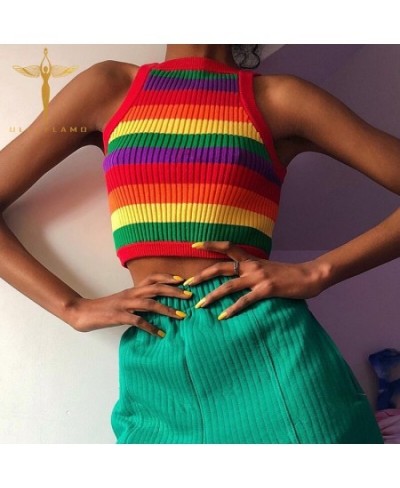 Summer Female Tanks Streetwear Knitted Crop Tops Vest Sleeveless O Neck Rainbow Printed Red Short Sexy Woman Clothing Hottie ...