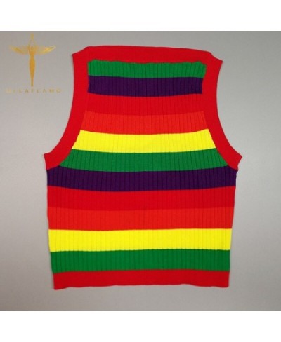 Summer Female Tanks Streetwear Knitted Crop Tops Vest Sleeveless O Neck Rainbow Printed Red Short Sexy Woman Clothing Hottie ...