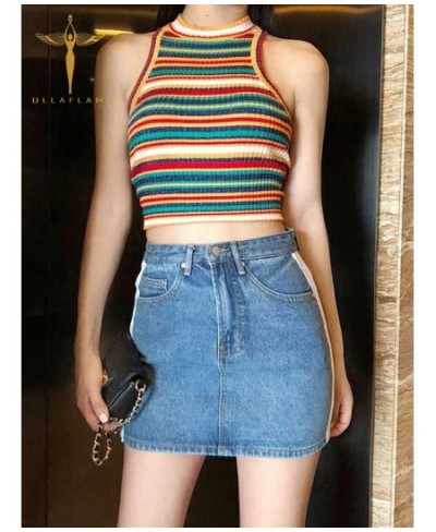 Summer Female Tanks Streetwear Knitted Crop Tops Vest Sleeveless O Neck Rainbow Printed Red Short Sexy Woman Clothing Hottie ...