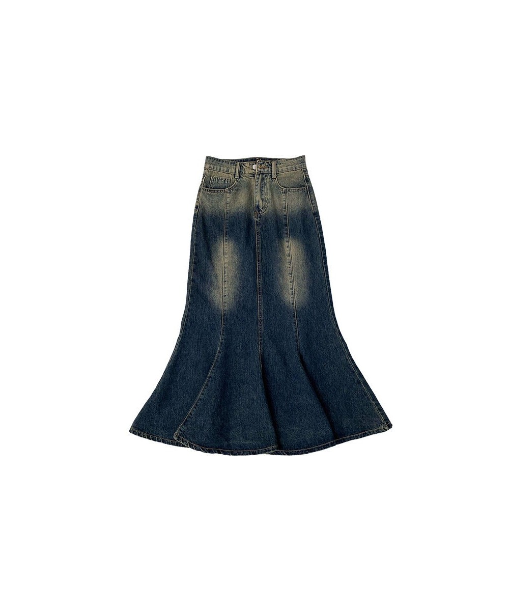 DEEPTOWN Vintage Denim Mermid Skirt Women Korean Style High Waist Distressed Ruffles Bodycon Pencil Long Skirt Fashion Girl $...