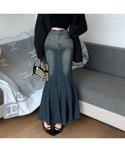 DEEPTOWN Vintage Denim Mermid Skirt Women Korean Style High Waist Distressed Ruffles Bodycon Pencil Long Skirt Fashion Girl $...